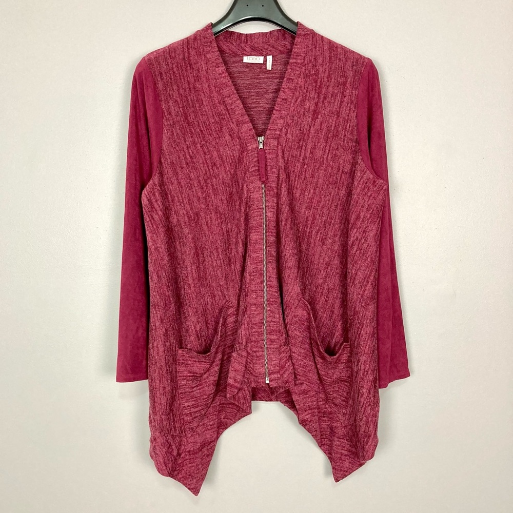 LOGO Lori Goldstein Zip Cardigan Sweater Women’s Size L Faux Suede Pockets Red